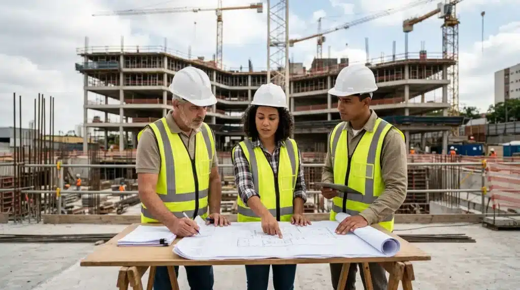 Profissionais da construção civil analisando um projeto na obra