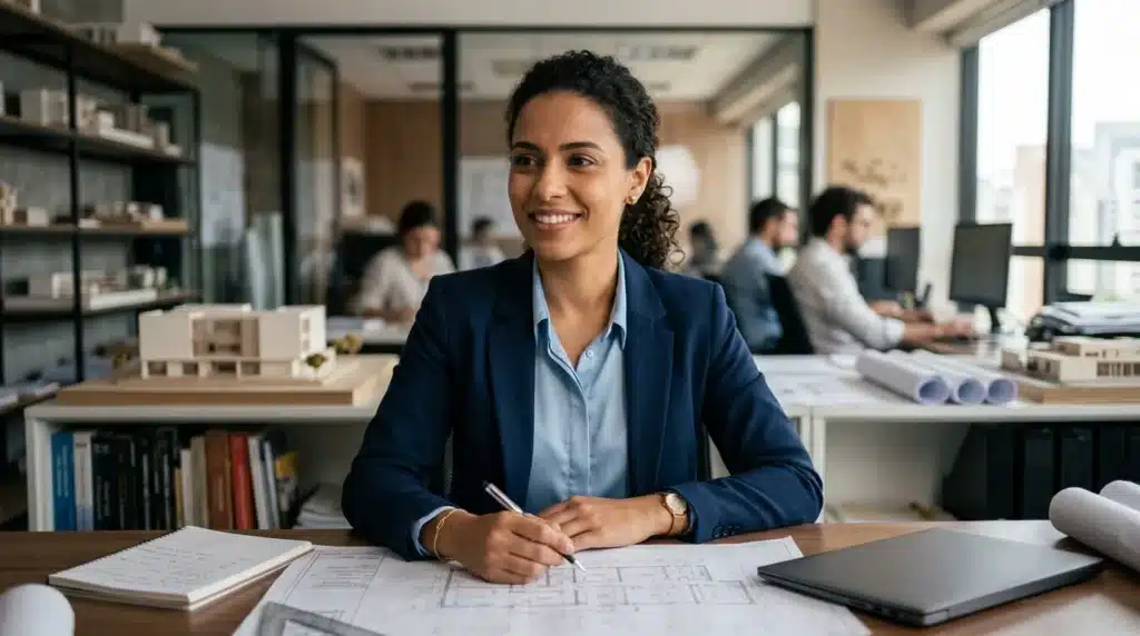 Mulher arquiteto esboçando um projeto no escritório
