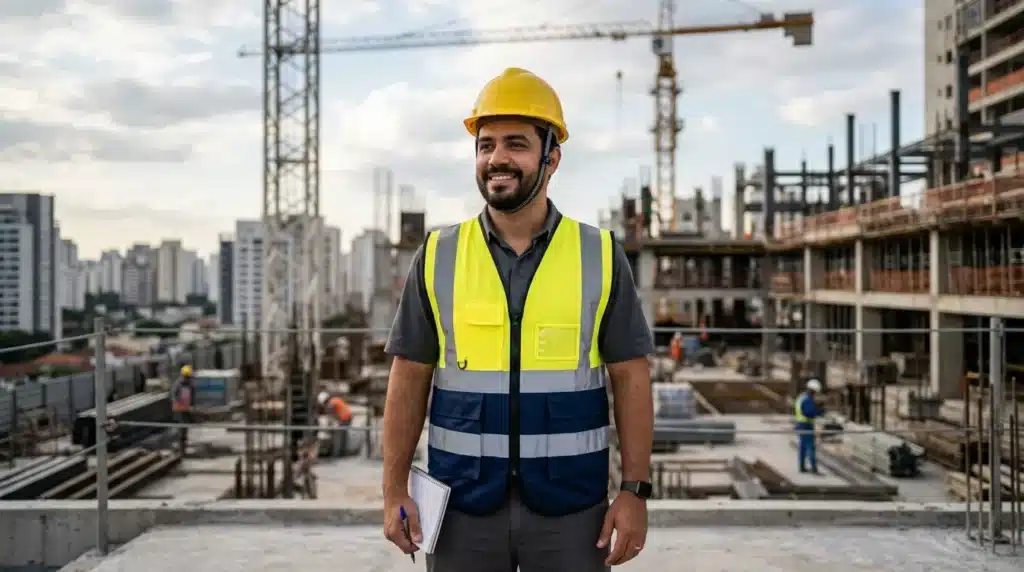 Homem com roupa de segurança em uma obra