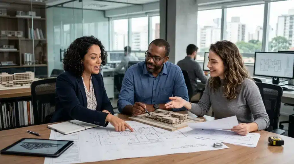 Profissionais de engenharia discutindo um projeto