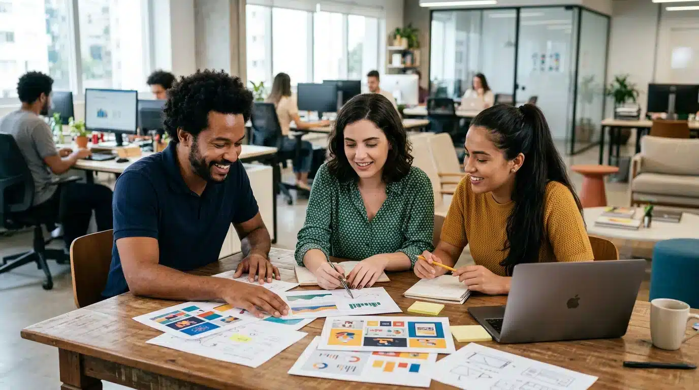 Profissional contábil explicando relatórios para equipe da agência de marketing